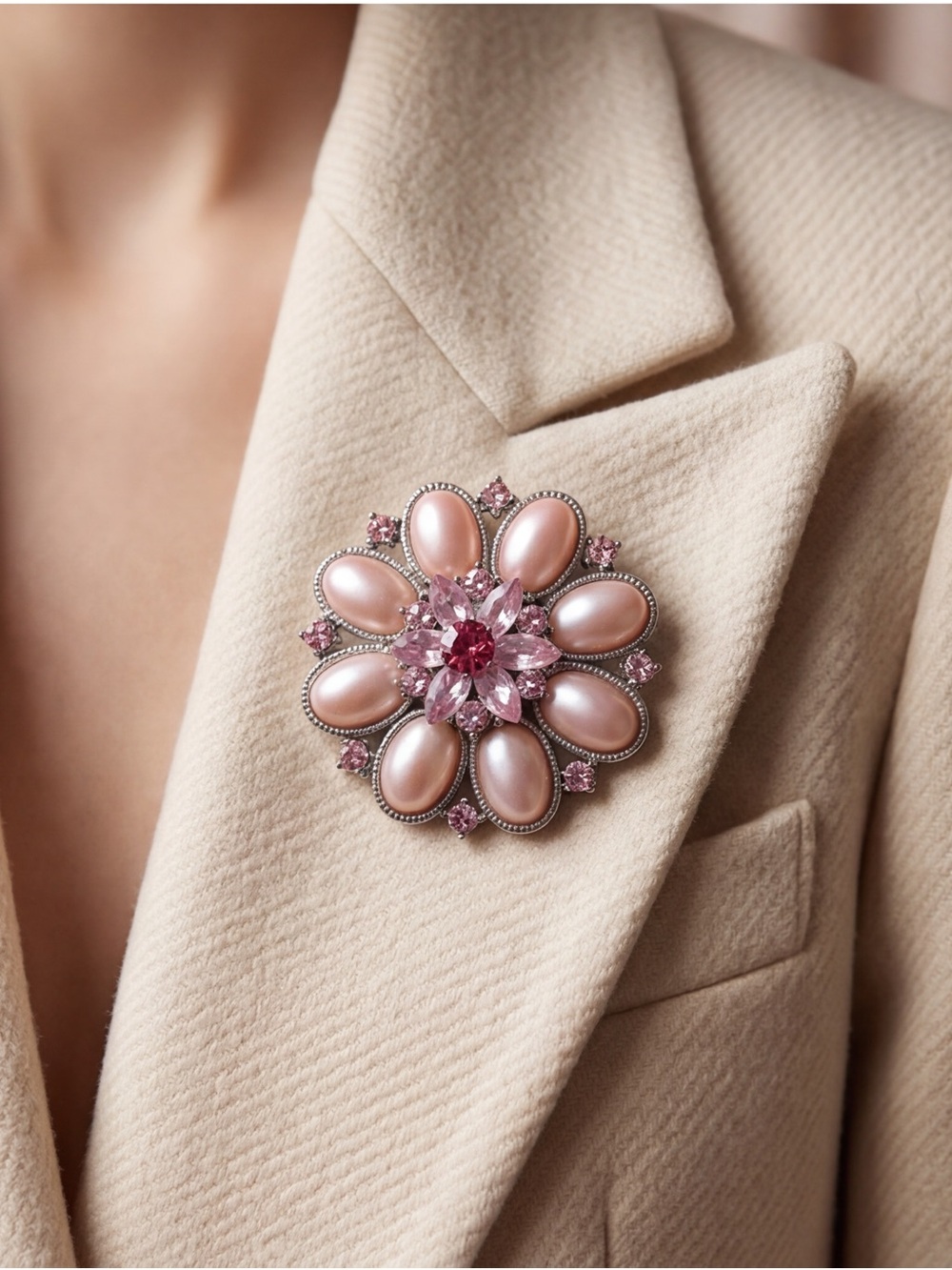 Vintage Pink Floral Rhinestone Brooch 2” Diameter